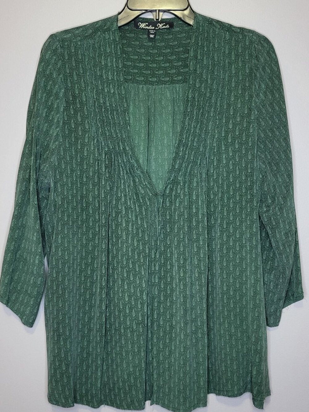 Winter Kate Green Silk Boho Paisley Print Peasant Blouse Medium Long Sleeve